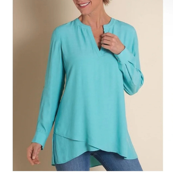 Soft Surroundings Turquoise Asymmetric Layered Roll Tab Tunic Top - Picture 1 of 12